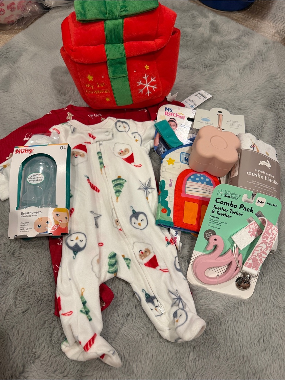 Holiday newborn Baby Gift Set - Assorted Toys & White Santa Print Footed Pajamas